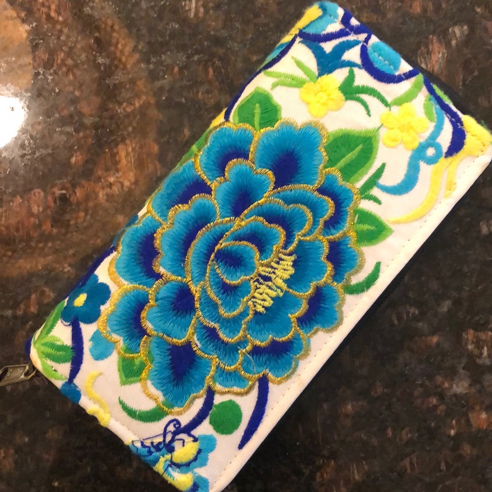 White blue gold  flower embroidered woman’s wallet